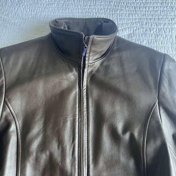Portrait Petite Medium Brown Leather Jacket Zip Front Lined Pockets NEW Office - Picture 4 of 11
